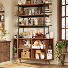 Sideboard With Roller Doors And Top Shelf, 4-Tier Open Shelf, Modern Kitchen Cabinet With Vertical Ribbed Paneling, Gold Metal Legs, Storage Cabinet For Dining Room And Living Room, Dark Brown - Wood - View 5