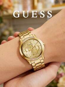 Guess Jam Tangan Kuarsa Wanita, Baja Tahan Karat Warna Emas, Bezel Kristal, Dial Logo, Aksesori Minimalis, Sempurna untuk Acara Malam dan Sosial yang Elegan - Emas - View 4
