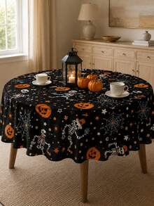 1pc Halloween Skeleton Print Polyester Tablecloth, Black Dancing Skeleton, Pumpkin, Spider Web, Star And Spider Pattern Rectangular Table Cover For Halloween Party, Dining Table, Kitchen And Home Decor - Multicolor - View 18