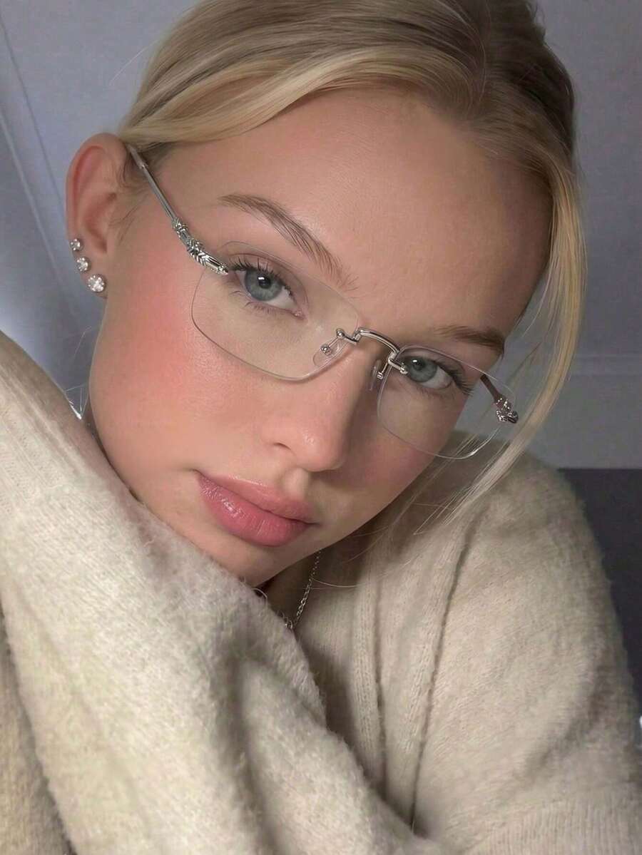 Metal Rimless Rectangular Small Frame Glasses, Neutral Minimalist Ultra-Lightweight Fashion Eyewear, Suitable For Daily Commute - Clear - View 1