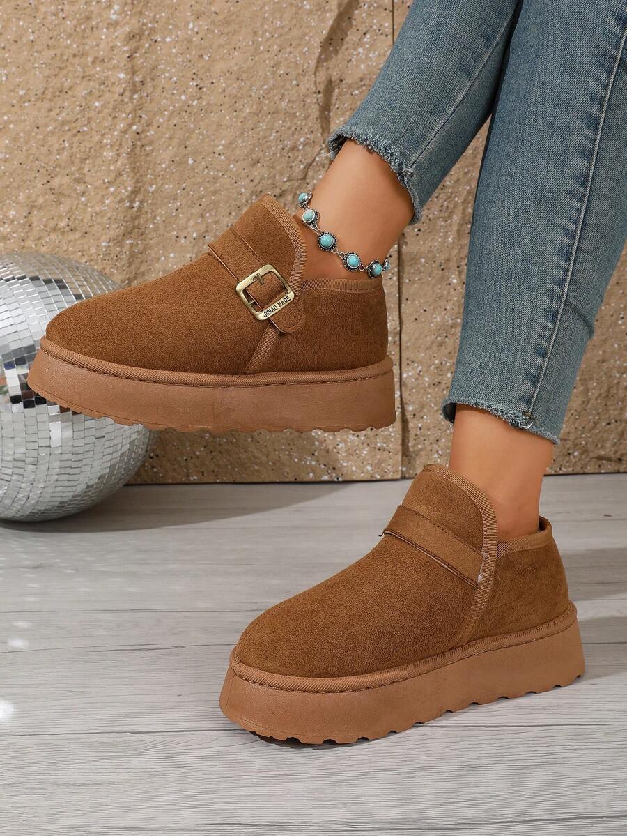 Women's Solid Color Faux Suede Thick Sole Mule Closed Toe Slippers, Gold Buckle Strap Slip-On Backless Ankle Boots - Khaki - View 1