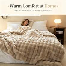 1pc Faux Rabbit Fur Bubble Fleece Thickened Warm Blanket, Fluffy Bubble Plush, Cozy Wrap-Around Warmth, Soft Skin-Friendly Touch, Breathable For Relaxing Lying Down, Suitable For Home Couples, Cold-Sensitive People, Leisure Homebodies - Khaki - View 1