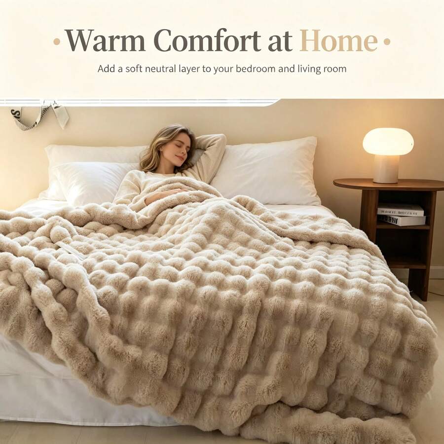 1pc Faux Rabbit Fur Bubble Fleece Thickened Warm Blanket, Fluffy Bubble Plush, Cozy Wrap-Around Warmth, Soft Skin-Friendly Touch, Breathable For Relaxing Lying Down, Suitable For Home Couples, Cold-Sensitive People, Leisure Homebodies - Khaki - View 1