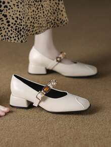 Beige Vintage Colorful Gem & Pearl Strap Mary Jane Shoes Women Spring Autumn Square Toe Chunky Heel French Mid-Heel Pumps - Beige - View 4
