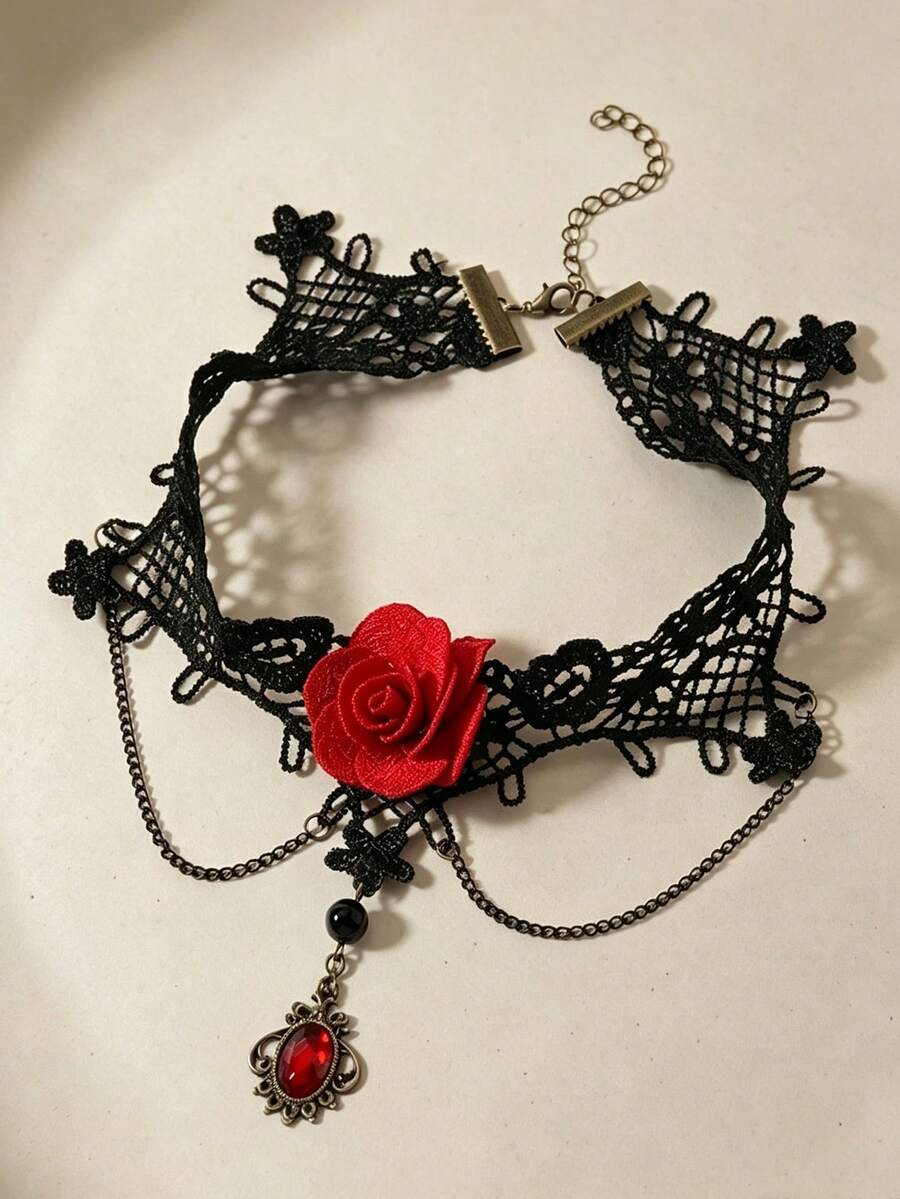 1pc Halloween Black Lace Rose Necklace For Women, Vintage Dark Gothic Style Red Flower Choker, Niche Party Outfit Neck Accessory - Black - View 1