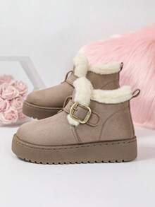Sepatu Bot Musim Dingin Pendek Platform untuk Wanita, Bahan Suede Imitasi Warna Solid dengan Manset Bulu Halus dan Gesper Logam, Dekorasi Tali, dan Penutup Bulu Halus, - Khaki - View 3