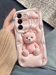 1 buah Casing Ponsel Pelindung Anti Guncangan dan Anti Jatuh Gelombang Besar Krem, Casing Ponsel Tepi Bergelombang, Bingkai Bergelombang Merah Muda dengan Gambar Beruang Teddy yang Lembut, Cocok untuk Sistem Android, Latar Belakang Merah Muda Terang, Efek Visual Mengembang, Beruang Teddy Pita Merah Muda yang Lucu, Dihiasi dengan Mutiara dan Cetakan Huruf "Pretty", Bahan TPU Lembut, Casing Ponsel Pelindung Anti Guncangan dan Anti Gores, Cocok untuk Anak Perempuan dan Wanita yang Menyukai Gaya Manis dan Lucu, Kompatibel dengan Ponsel Seri . - Putih - View 3