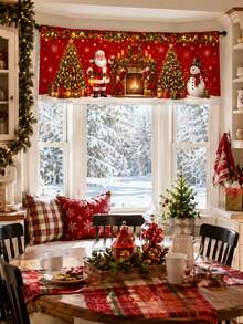 1pc Santa By Fireplace Christmas Kitchen Valance, Classic Holiday Red Polyester Rectangular Rod Pocket Window Topper With Snowflakes, Garland, Christmas Trees And Presents, Xmas Party Winter Home Deco - Multicolor - View 5