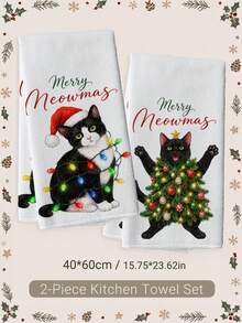 2pcs Fun Cat & Christmas Decor Pattern Kitchen Towels, 40*60cm Soft Microfiber Tea Towels, Suitable For Home Kitchen Restaurant Outdoor Camping Tabletop Cleaning Dish Cloth Hand Towel Accessories Merry Meowmas Christmas Theme Kitchen Decor Fabric Wiping Towels Holiday Gift - Multicolor - View 10