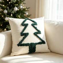 1pc Flocked Embroidered Christmas Tree Pillow Case, Holiday Decorative Canvas Embroidery Home Backrest Bedroom Cushion Cover, Pillow Insert Not Included - Green - View 14