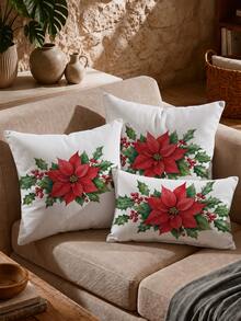 1pc/2pcs Christmas Simple Poinsettia Pattern Waffle Fabric Cushion Cover, Single-Sided Printed Soft Waffle Polyester Material, Waffle Pillowcase Suitable For Room Decoration, Modern Minimalist Sofa Living Room Decor, Gift Giving, Party Decoration - Multicolor - View 7