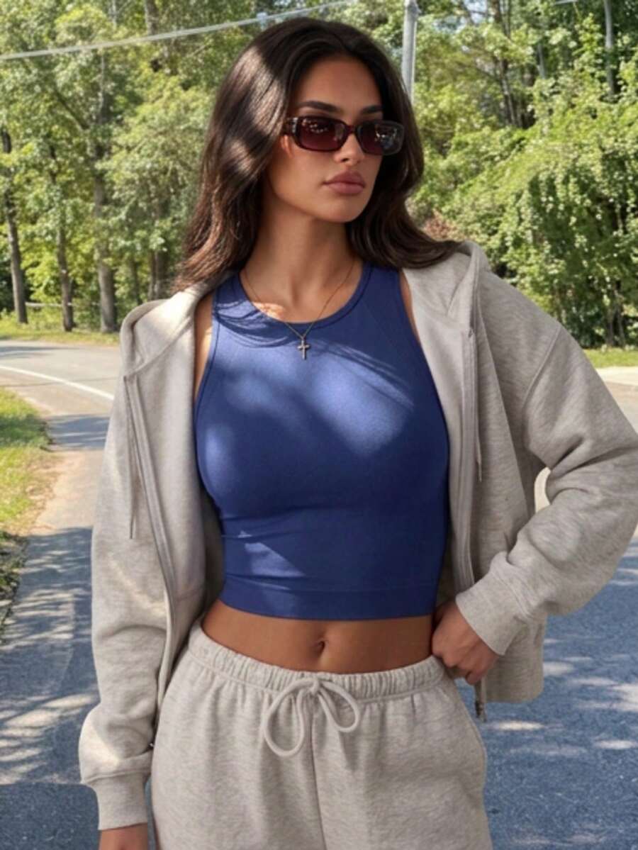 High Elasticity Racerback Sports Tank Top Reflective Night Vision Running Fitness Vest Yoga Cropped Camisole Summer - Baby Blue - View 1