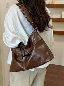 Women's Retro Oil Wax Leather Hobo Shoulder Bag, Buckle Decor Soft Underarm Purse, Casual Simple Daily Shopping Handbag - Brown - View 5