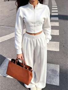 Casual Autumn/Winter White Short Zip-Up Hoodie With Stand Collar And Elastic Waist Wide Leg Pants, Commute Basic Long Sleeve Top Sports Two Pieces Set - White - View 2