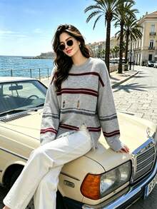 Autumn Arrival New Style Holiday Streetwear Ripped Frayed Color‑Striped Loose Casual Crew Neck Sweater - Multicolor - View 5