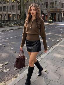 Autumn Brown Crew Neck Knit Sweater For Women Half Button Ribbed Waist Long Sleeve Soft Knit Tops Casual Fall Daily Outfits - Coffee Brown - View 1