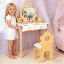 Juego de Madera Tocador para Niñas con Espejo, Mesa de Maquillaje y Juego de Imitación para Princesitas, Madera Resistente De Maquillaje Vanity Set Amarillo, Cajones para Guardar Juguetes y Accesorios - Amarillo - Ver 8