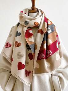 1pc Mixed‑Pattern Heart Jacquard Thick Scarf 65*180cm, Polyester Faux Cashmere Fall Winter Shawl For Travel Party Outing Wear As Scarf Shawl Head Wrap - Multicolor - View 9