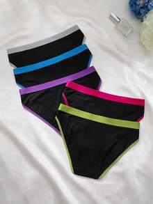 5pcs Women Plus Size Contrast Color Elastic Waist Casual Comfortable Knit Triangle Panties - Multicolor - View 2