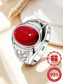 925 Sterling Silver Men's Elegant Minimalist Fashion Ring, Inlaid With Red Synthetic Zirconia, Exquisite Design, Suitable For Daily Wear, Gift, Party, Fashion Accessory, Premium Choice For Elegant Men's Jewelry. - Silver - View 12