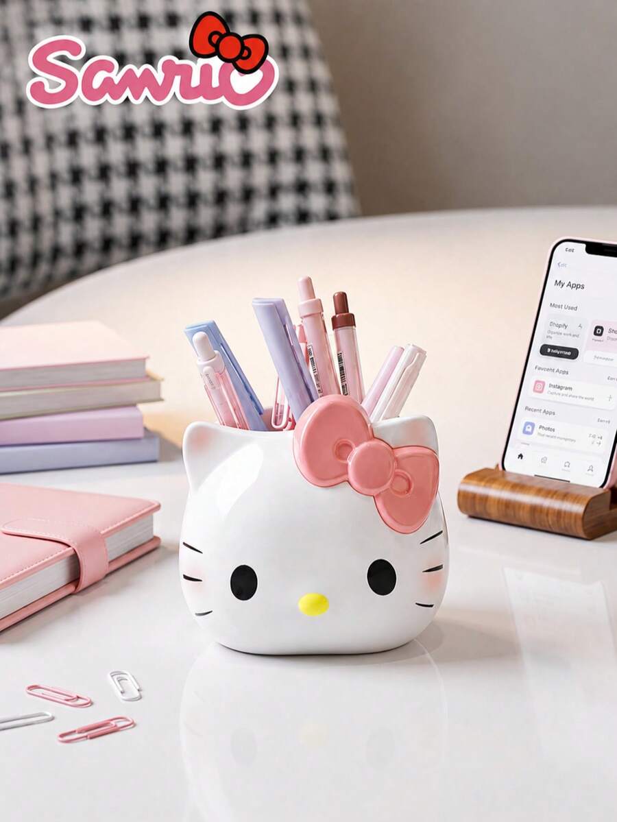Sanrio Hello Kitty Pen Holder, Bowknot Desktop Storage Box, Multi-Functional Stationery & Makeup Brush Plastic Organizer, Suitable For Desk, Home & Office Decoration, Desktop Decorative Ornament