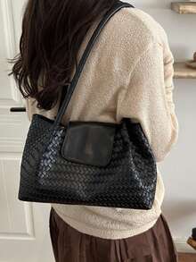 Women's Woven Handbag, Casual Soft Shoulder Tote Bag, Simple Top-Handle Purse For Daily Shopping Work - Black - View 6
