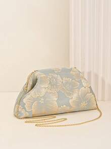 LJDCRFT Women's Floral Jacquard Clutch, Elegant Frame Clutch With Detachable Chain, Suitable For Weddings, Proms, Cocktail Parties And Formal Occasions - Blue - View 2