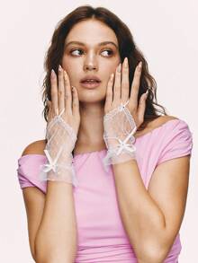 Popjeli 1pc Bride Wedding Dress Thin Lace Gloves, Daily Performance/Wedding Party Gift, Sexy Short White Mesh Summer - Multicolor - View 7