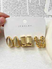 1 Pair - 9 Pairs Gold Multi-Style Earrings Set, Floral, Shell, Square Design, Resin Material, Suitable For Women To Easily Match Various Outfits. - Yellow Gold - View 12