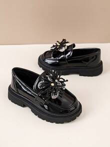 Flickors loafers med stora strassblommor, glansiga med tjock sula, slip-on, mångsidiga skoldress-skor - Svart - Visa 2