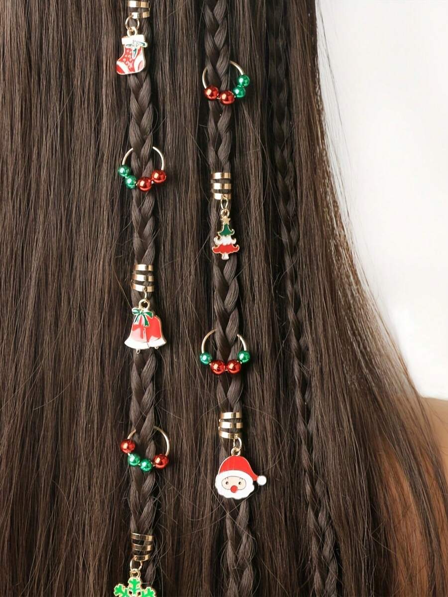 10pcs Christmas Decoration Hair Accessories Bohemian Y2K Hip Hop Style Hair Clips Christmas Holiday Party Hair Rings Braid Rings - Multicolor - View 1