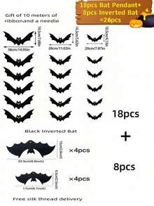 18/26/36pcs Halloween Bat Hanging Decorations, Suitable For Outdoor Trees, Yard, Porch Party Decor, Halloween Autumn Bat Ornaments, Red Yellow Green Multiple Colors Available, Indoor And Outdoor Use, Create Spooky Atmosphere, Halloween Autumn Festival Party Decoration Supplies - Multicolor - View 13