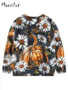 Plus Size Autumn/Winter 3D All-Over Print Halloween Commuter Sweater, Loose Fit Flattering V-Neck Long Sleeve Knit Pullover Top - Color - View 8