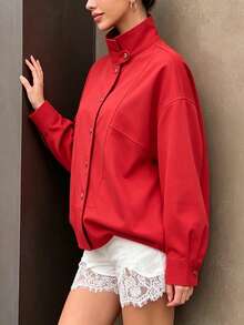 Autumn/Winter Red Stand Collar Loose Casual Jacket, Urban Commute Style, Office, Date, Home Wear Top - Red - View 5