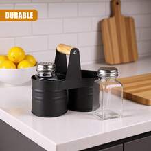 GEEZY Glass Salt And Pepper Shakers Set With Metal Stand - 3 Piece Cruet Set With Carry Handle, Stainless Steel Lids, Refillable Seasoning Pots - Kitchen Essentials For New Home, Kitchen, Restaurant - Black - View 6