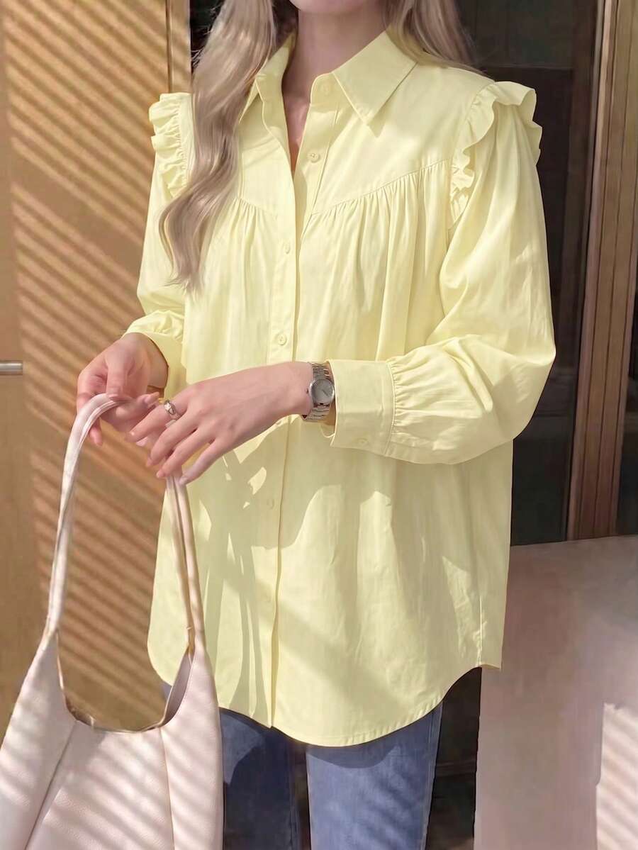 Solid Color Front Button Ruched Ruffle/Flounce Blouse Office Casual Spring Summer Autumn Long Sleeve Shirt For Women - Yellow - View 1