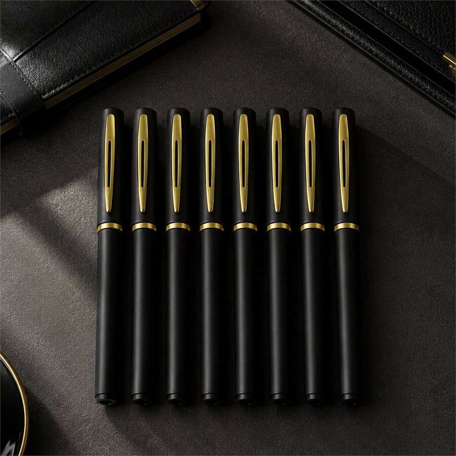 Set 8 Pulpen Bisnis Hitam & Emas, Bodi Hitam Doff dengan Aksen Logam Emas, Pulpen Gel Tarik Halus untuk Kantor, Tanda Tangan, Pelajar, Latihan Ujian, Hadiah Bisnis - Set - View 1