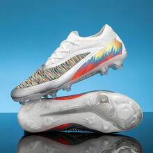 Unisex FG Firm‑Ground Soccer Cleats, Knit Upper Lace‑Up Football Boots For Outdoor Natural Grass Training - White - View 3