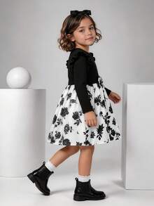 Young Girl Girls Spring Fall Ribbed Dress, Black Long Sleeve Flutter Top & White Black Rose Print Skirt, Bow Waist, For 4-8 Years - Black - View 4