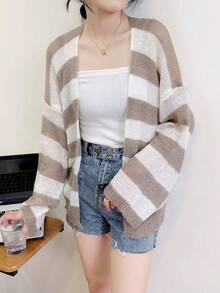 1PC Spring/Summer New Korean Style Colorblock Mohair Long Sleeve Loose Striped Knit Cardigan Women's Top Sun Protection Jacket - Multicolor - View 3
