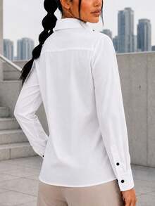 Women's Contrast Trim Button Front Shirt, Long Sleeve Collared Office Blouse With Curved Hem For Business Casual Workwear - White - View 5