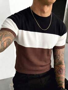Men's Summer Round Neck Contrast Color Short Sleeve Knit Sweater, Suitable For Summer Outings, Fashion Essential - Brown - View 5