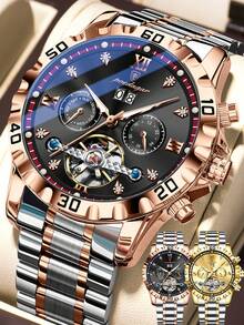 POEDAGAR 1pc Business Men's Stainless Steel Automatic Mechanical Hollow Tourbillon Watch, Luxury Calendars Man Wristwatch, Daily & Work Occasions, Ideal Gift - Silver - View 14