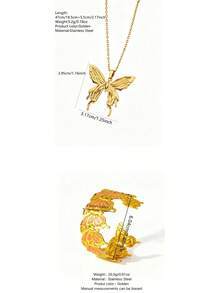 VceTd2PCS Fashion Vacation Style Stainless Steel Women's Jewelry Set With Gold-Colored Butterfly Pendant Necklace And Enamel Color Bracelet, Suitable For Daily Wear, Dating Or Vacation - Yellow Gold - View 13