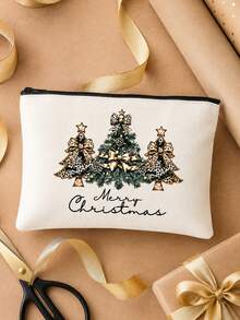 Christmas Tree Printed Makeup Bag, Featuring A Golden Leopard Print Bow On A Pine Tree And The Letters "Merry Christmas",Toiletry Bag,Daily Handbag - Multicolor - View 6