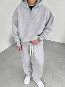 Men's 2 Pieces Half-Zip Hoodie And Wide-Leg Sweatpants Set, Loose Fit Casual Outfit For Daily Commute, Spring And Autumn - Light Grey - View 3