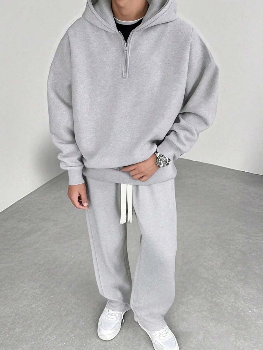 Men's 2 Pieces Half-Zip Hoodie And Wide-Leg Sweatpants Set, Loose Fit Casual Outfit For Daily Commute, Spring And Autumn - Light Grey - View 1