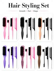 Hair Styling Brush Set, Smoothing Brush, Edge Styling Brush, Teasing Brush & Rat Tail Comb For Hairline, Ponytail, Bun, Updo, Parting And Shaping, Multi-Color Hair Styling Tools For Home, Travel And Daily Use - Premium Curling and Straightening Brush - View 3