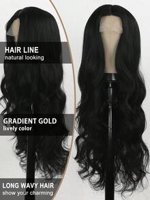 Women's Synthetic Lace Front Wig, Middle Part, 26 Inch Long Wavy Curly Hair, Black Color Optional, Heat Resistant Fiber, Halloween - Black - View 4