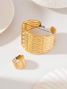 1 Set/2 Pcs Exaggerated Fashion Elegant Design Metal Geometric Wave Stripe Open Adjustable Bracelet + Ring Women Jewelry Set, Suitable For Daily Versatile Wear - Yellow Gold - View 4